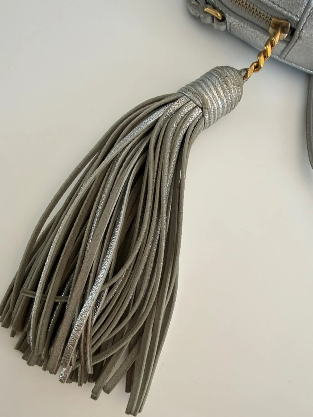 Saint Laurent Metallic Silver Camera Crossbody with Fringe Zipper Pull
